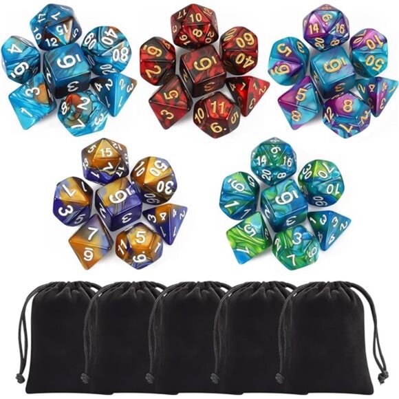 Polyhedral Dice Set (35 Pieces) with Black Pouches, 5 Complete Double-Colors - Picture 1 of 7